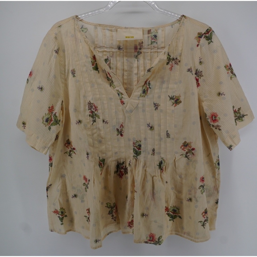 Maeve Anthropologie Floral Dobby Stripe Cotton V-Neck Peplum Blouse Cream Sz 16